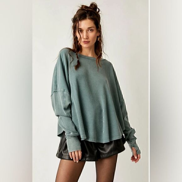 New! Free People Microphone Drop Thermal in Silver Pine Large - Picture 1 of 5